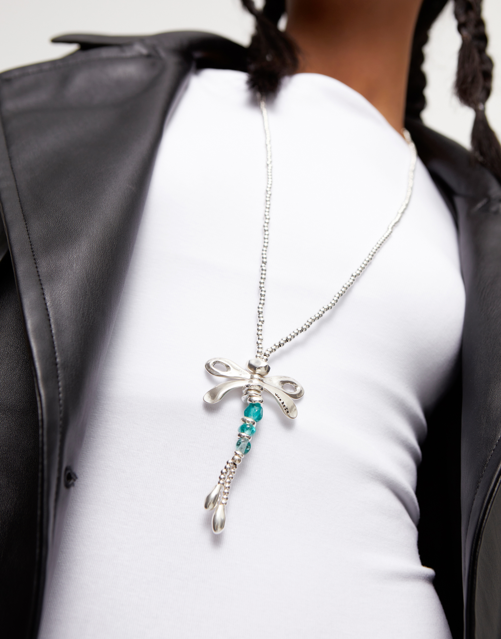Long sterling silver-plated necklace with dragonfly and green handcrafted crystals, Silver, large image number null